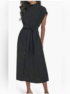 Calvin Klein Black Pinstripe Midi Shirt Dress with Tie Waist
